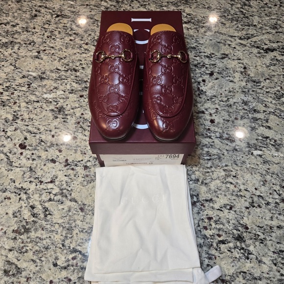 NEW Gucci Burgundy Princetown Leather Mules with Horsebit Detail Size 37.5 - Picture 2 of 12